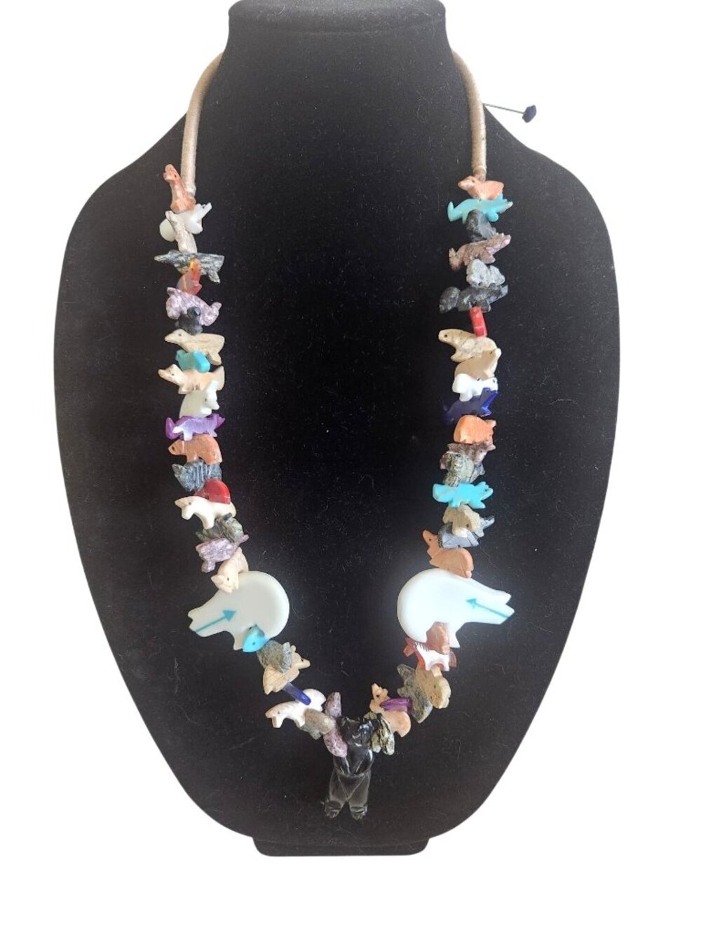 Zuni Animal Fetish Necklace, Bear Pendant, White Bear Multi color animals 17" lo